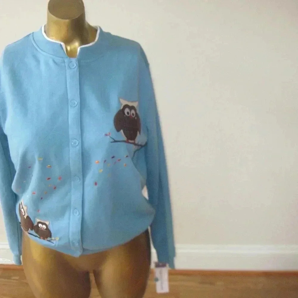 NWT Rebecca Malone Blue Owl Print Button Top  M - Picture 2 of 6